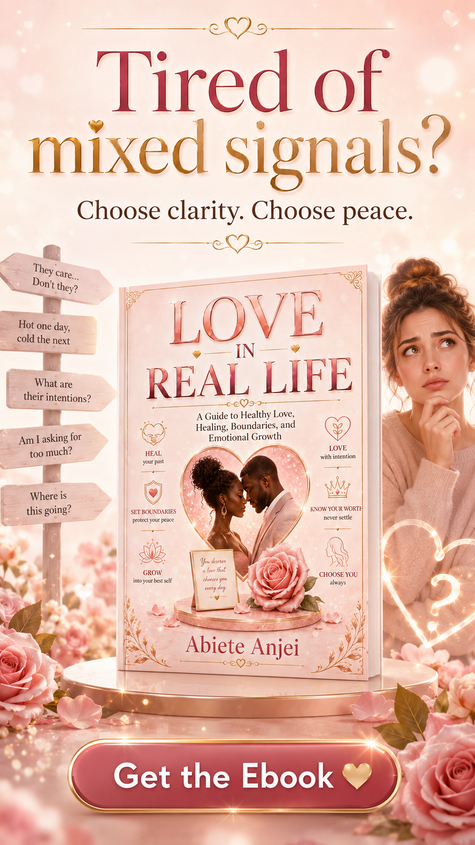 Tired of mixed signals? Woman questioning a relationship beside the Love in Real Life ebook